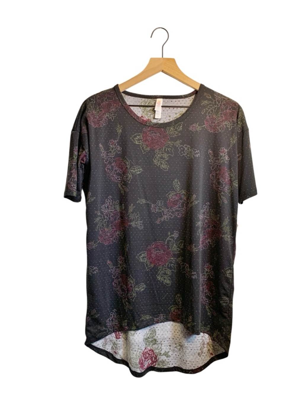 LuLaRoe NWT Irma Hi-Lo Tunic Black w Pink Red Rose Floral Print XS